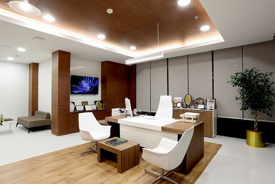 corporate office interior with white chairs