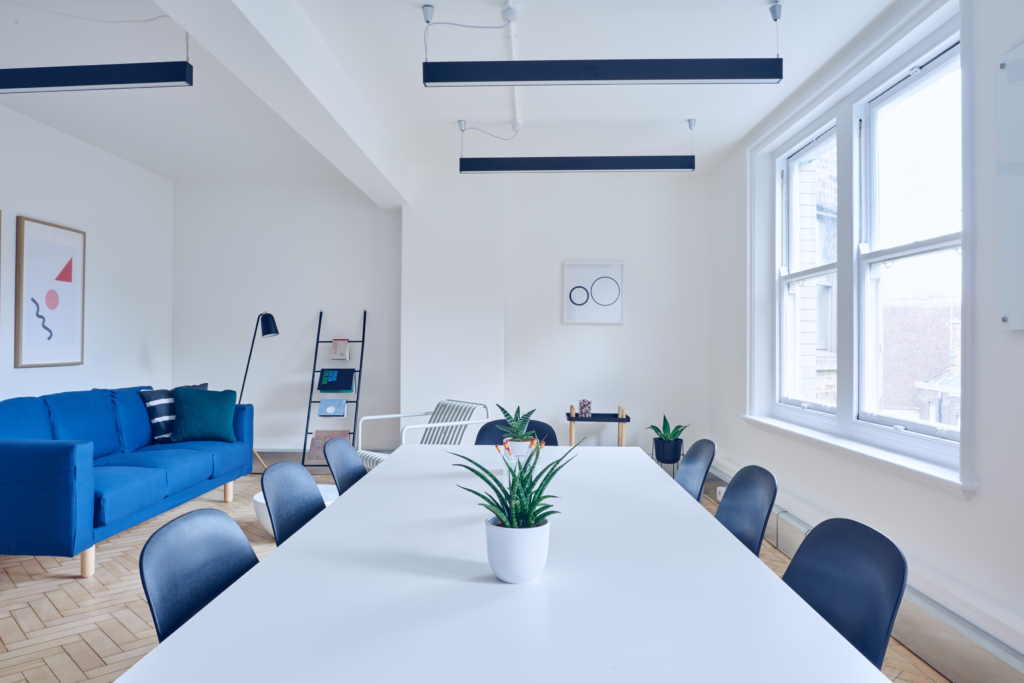 meeting room focusing on blue and white color 